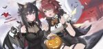  2girls :3 :d animal_ears arknights bat_wings black_dress black_skirt black_wrist_cuffs breasts brown_eyes claw_pose cleavage colored_inner_hair detached_wings dress energy_wings exusiai_(arknights) eyepatch fake_wings fingerless_gloves food-themed_hair_ornament garter_straps ghost gloves hair_between_eyes hair_ornament halloween_bucket halo hand_up happy_halloween highres long_sleeves looking_at_viewer medium_breasts multicolored_hair multiple_girls one_eye_covered open_mouth pumpkin_hair_ornament shirt shuimo sitting skirt smile teeth texas_(arknights) two-tone_hair upper_teeth white_shirt wings wolf_ears wolf_girl x_hair_ornament 