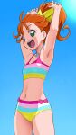  1girl :d armpits awa green_eyes hair_ornament highres long_hair looking_at_viewer natsuumi_manatsu navel open_mouth orange_hair ponytail precure simple_background smile solo swimsuit tropical-rouge!_precure 