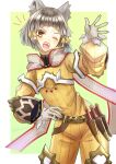  1girl :d absurdres animal_ear_fluff animal_ears bangs belt border brown_eyes brown_hair cat_ears fangs gloves green_background hand_on_hip highres jumpsuit knife long_sleeves looking_at_viewer nia_(xenoblade) okurasato one_eye_closed open_mouth short_hair smile solo white_border white_gloves xenoblade_chronicles_(series) xenoblade_chronicles_2 yellow_jumpsuit 