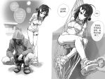  1boy 1girl a_tea ahoge arknights arms_behind_back bikini bound bound_arms commentary_request doctor_(arknights) food goggles goggles_around_neck hammock helmet highres hood hoodie ice_cream la_pluma_(arknights) monochrome navel rope sandals shibari short_hair shorts squatting standing swimsuit thigh_strap translation_request 