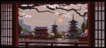  animated animated_gif cherry_blossoms day lake lennsan mountainous_horizon no_humans original outdoors pagoda pixel_art reflection reflective_water scenery sunrise tree water waterfall 
