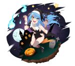  1girl :d absurdres bangs bare_tree bat_(animal) black_dress blue_eyes blue_hair breasts claw_pose commentary dress english_commentary fangs fingernails full_moon grass habit hair_between_eyes hair_ornament hairclip halloween healther heterochromia highres hitodama jack-o&#039;-lantern long_hair looking_at_viewer medium_breasts moon night nun open_mouth original outdoors patchwork_skin robe sharp_fingernails sky smile solo star_(sky) star_(symbol) starry_sky tombstone torn_clothes torn_robe tree yellow_eyes 