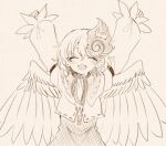 1girl ^_^ ^o^ animal_on_head arms_up bangs bird bird_on_head bird_wings blush chick clenched_hands closed_eyes cropped_jacket dot_nose facing_viewer feathered_wings film_grain greyscale hair_behind_ear hair_between_eyes happy hatching_(texture) itomugi-kun linear_hatching long_sleeves monochrome neckerchief niwatari_kutaka on_head open_mouth polka_dot puffy_long_sleeves puffy_sleeves ribbon_trim sepia sepia_background short_hair simple_background sketch sleeve_garter smile solo straight-on touhou upper_body wings 