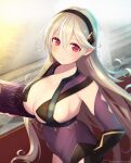  1girl ass blush book breasts butt_crack cleavage collarbone corrin_(fire_emblem) corrin_(fire_emblem)_(female) cosplay dark_mage_(fire_emblem_fates) fire_emblem fire_emblem_fates grey_hair hairband highres holding holding_book indoors kashiwamochi_yomogi large_breasts leotard long_hair looking_at_viewer no_cape nyx_(fire_emblem) nyx_(fire_emblem)_(cosplay) pointy_ears red_eyes see-through sideboob skin_tight smile solo upper_body very_long_hair 