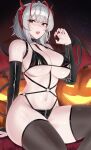  +_+ 1girl absurdres antenna_hair arknights bare_shoulders bikini black_bikini black_choker black_panties black_thighhighs blush breasts choker cleavage collarbone commentary demon_girl demon_horns demon_wings detached_sleeves fang fingernails grey_hair halloween halloween_costume harness highres horns jack-o&#039;-lantern kanta_(kanta_077) large_breasts long_fingernails long_sleeves looking_at_viewer multicolored_hair nail_polish o-ring open_mouth panties red_eyes red_hair red_nails red_wings shiny shiny_clothes shiny_hair short_hair solo swimsuit symbol-shaped_pupils thighhighs two-tone_hair underwear v-shaped_eyebrows w_(arknights) wings zipper_panties 