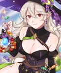  1girl bangs bare_shoulders belt black_dress black_headwear breasts brown_belt candy cleavage closed_mouth collarbone commentary corrin_(fire_emblem) corrin_(fire_emblem)_(female) crossed_belts detached_collar detached_sleeves dragonstone dress earrings english_commentary fingernails fire_emblem fire_emblem_fates fire_emblem_heroes food grey_hair hair_between_eyes halloween halloween_costume hat highres jewelry large_breasts long_hair looking_at_viewer official_alternate_costume peach11_01 pointy_ears purple_nails red_eyes smile solo twitter_username wavy_hair witch witch_hat 