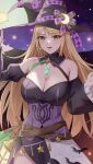  1girl absurdres alternate_costume amayo_thranana bangs bare_shoulders blonde_hair blush breasts cleavage commentary_request corrin_(fire_emblem) corrin_(fire_emblem)_(female) corrin_(fire_emblem)_(female)_(cosplay) cosplay dress earrings fire_emblem fire_emblem_fates fire_emblem_heroes gem halloween halloween_costume hat highres jewelry large_breasts long_hair looking_at_viewer mythra_(xenoblade) off-shoulder_dress off_shoulder solo swept_bangs very_long_hair witch witch_hat xenoblade_chronicles_(series) xenoblade_chronicles_2 yellow_eyes 