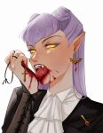  1girl bangs blood earrings evelynn_(league_of_legends) eyeshadow fangs highres jewelry k/da_(league_of_legends) k/da_evelynn league_of_legends light_purple_hair long_hair looking_at_viewer makeup open_mouth pointy_ears rouza_vii slit_pupils solo upper_body vampire yellow_eyes 