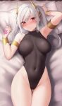  1girl absurdres arm_up armlet armpits ass_visible_through_thighs aura_(aurapls) bare_shoulders black_leotard blush bracelet breasts breasts_apart closed_mouth covered_navel eyes_of_grima fire_emblem fire_emblem_awakening fire_emblem_heroes frown grima_(fire_emblem) hair_ornament hand_up highleg highleg_leotard highres jewelry leotard long_hair looking_at_viewer lying medium_breasts nose_blush official_alternate_costume on_back on_bed pillow red_eyes robin_(fire_emblem) robin_(fire_emblem)_(female) solo thigh_gap thighs twintails white_hair 