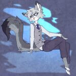  anthro blep blue_eyes blue_necktie bottomwear clothed clothing coy digital_media_(artwork) dipstick_ears dipstick_fingers dipstick_tail dipstick_toes domestic_cat dress_pants dress_shirt egyptian_mau eyewear felid feline felis fluffy fluffy_tail formal_clothing formal_wear glasses grey_body hi_res looking_at_viewer male mammal markings multicolored_ears multicolored_tail necktie nixuelle pants shirt simple_background smile solo suit_vest tail_markings tongue tongue_out topwear wysdrem 