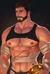 1boy abs bandages bara bare_pectorals black_hair black_tank_top chris_redfield clothes_lift facial_hair gr_goden halloween_costume highres holding jack-o&#039;-lantern large_pectorals male_focus mummy_costume muscular muscular_male navel nipples pectorals resident_evil short_hair solo tank_top 