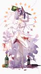  1girl blood blood_on_clothes bob_cut bottle bridal_veil dress elbow_gloves eyeliner fate/grand_order fate_(series) gloves holding holding_bottle horns makeup oni oni_horns purple_eyes purple_hair short_hair shuten_douji_(fate) single_elbow_glove single_thighhigh skin-covered_horns solo standing standing_on_one_leg thighhighs tobi_(pixiv41237754) veil wedding_dress white_dress white_gloves white_thighhighs 