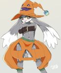  1boy animal_ears arms_behind_back blush body_fur chest_belt commentary_request furry furry_male grey_background grey_fur halloween hat kaze_no_klonoa klonoa looking_at_viewer male_focus navel orange_headwear otoko_no_ko shourin_bonzu simple_background solo standing wizard_hat yellow_eyes 