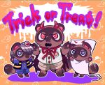  aloha_shirt animal_crossing anthro blue_eyes bottomwear brown_body brown_fur canid canine child clothing devil_costume fur group halloween holidays horn male mammal nintendo pattern_clothing pattern_shirt pattern_topwear raccoon_dog shandrawaka shirt shorts tanuki timmy_nook tom_nook_(animal_crossing) tommy_nook topwear trick_or_treat trio video_games young 