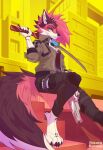  2022 absurd_res anthro barefoot big_tail blue_eyes bottomwear canid canine clothing cyberpunk cyberpunk_2077 digital_media_(artwork) digitigrade feet fox future gun hi_res mammal melee_weapon potatokamaos ranged_weapon sitting smile sword topwear video_games weapon 