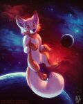  2020 4:5 ambiguous_gender black_nose blep canid cheek_tuft cosmic_background dated facial_tuft feral fluffy fluffy_tail front_view full-length_portrait fur glistening glistening_eyes glistening_nose head_tuft hi_res mammal mylafox nebula orange_body orange_eyes orange_fur planet portrait red_tongue signature solo space space_background star text tongue tongue_out tuft url white_body white_fur 