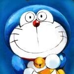  1:1 anthro bell blue_background blue_body blue_fur collar domestic_cat doraemon doraemon_(character) felid feline felis fur looking_at_viewer machine mammal mouth_closed mt_tg red_collar red_nose robot shaded simple_background smile smiling_at_viewer solo standing whiskers white_body white_fur 