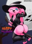  absurd_res anthro big_breasts big_butt blue_eyes breasts broom broom_riding butt cleaning_tool clothing costume darkadibuja female footwear fur halloween halloween_2022 hat headgear headwear hi_res holidays lagomorph leporid mammal one_eye_closed pink_body pink_fur purple_eyes rabbit rebecca_(disambiguation) scut_tail short_tail socks solo wink witch_costume witch_hat 