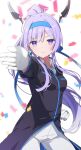  1girl black_coat blue_archive blue_hairband blurry clenched_hand closed_mouth coat collared_shirt confetti depth_of_field gloves hairband halo highres long_sleeves looking_at_viewer mochigome_(ununquadium) ouendan pants ponytail purple_eyes purple_hair serious shirt simple_background solo utaha_(blue_archive) utaha_(cheerleader)_(blue_archive) white_background white_gloves white_pants 