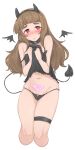  1girl @_@ absurdres bangs black_camisole black_choker blunt_bangs blush brown_hair camisole camisole_lift choker clothing_cutout cropped_legs demon_horns demon_tail demon_wings heart_cutout highres horns idolmaster idolmaster_cinderella_girls kamiya_nao lifted_by_self long_hair navel o-ring o-ring_bottom o-ring_panties panties pubic_tattoo red_eyes simple_background solo straight_hair sweatdrop tail tattoo thick_eyebrows thigh_strap underwear wasabijoyu76 white_background wings 