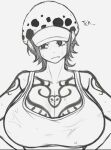  1girl alternate_breast_size arm_tattoo blush breast_tattoo breasts cleavage commentary ear_piercing english_commentary english_text genderswap genderswap_(mtf) hat highres huge_breasts monochrome naoillus one_piece piercing short_hair solo spoilers sweat tank_top tattoo trafalgar_law upper_body 