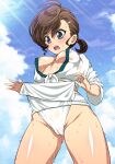  1girl bangs bare_legs blue_eyes blue_sky breasts brown_hair cleavage clothes_lift cloud cloudy_sky covered_nipples flying_sweatdrops from_below fundoshi gegege_no_kitarou hair_ornament hairclip hemonemo inuyama_mana japanese_clothes looking_down medium_breasts nipple_slip nipples open_mouth ponytail shiny shiny_skin sky sunlight sweat underboob wet 