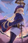  1girl artoria_caster_(fate) artoria_pendragon_(fate) bangs belt black_bow black_gloves black_pantyhose blonde_hair blue_belt blue_headwear blush bow closed_mouth cloud commentary_request dress fate/grand_order fate_(series) floating_hair from_behind gloves green_eyes hair_bow hat highres holding holding_staff holding_weapon long_hair long_sleeves looking_at_viewer lucky_ckm outdoors pantyhose sheath sheathed sky smile solo staff sword twintails weapon white_dress 