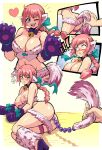  1girl anal_beads animal_ears animal_hands ass bell blush bow braid braided_ponytail breasts cat_ears cat_paws cat_tail cleavage english_text hair_ribbon halloween_costume heart high_heels highres jingle_bell large_breasts lewdamone navel nipples one_eye_closed one_piece open_mouth pink_hair rebecca_(one_piece) ribbon sex_toy skirt tail 