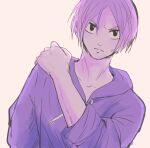  1boy black_eyes hand_on_own_shoulder hood hood_down hoodie looking_at_viewer male_focus mizss monochrome purple_theme sakamoto_days serious shin_(sakamoto_days) short_hair simple_background solo sweatdrop white_background 