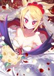  1boy 1girl adell_(disgaea) bare_shoulders blonde_hair blush bouquet breasts bridal_veil bride cleavage commentary_request demon_girl demon_wings disgaea dress flower hair_flower hair_ornament highres holding holding_bouquet large_breasts looking_at_viewer makai_senki_disgaea_2 miniboy negi_(ulog&#039;be) petals pointy_ears red_eyes red_flower red_rose rose rose_petals rozalin smile strapless strapless_dress veil wedding_dress white_dress wings yellow_flower yellow_rose 