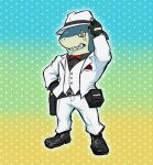 anthro blue_body blue_skin clothing dynogreeno fin fingerless_gloves fish formal_wear gloves gradient_background handwear hi_res indy_jaws male marine scar shark simple_background smile solo standing topwear video_games white_clothing white_suit white_topwear 