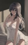  1girl bangs bare_shoulders black_hair breasts camisole cleavage commentary_request crossed_bangs dappled_sunlight frills highres indoors large_breasts long_hair looking_at_viewer on_bed original parted_lips pray_(furei) purple_eyes sidelocks sitting solo strap_slip sunlight thighs white_camisole 