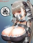  1girl anger_vein areola_slip azur_lane bare_shoulders bdsm between_breasts blush bondage bound breasts cleavage cloth_gag clothing_cutout detached_collar eyebrows_hidden_by_hair formidable_(azur_lane) gag gagged grey_hair huge_breasts improvised_gag kaguya-san_(nantyu-erosada) long_hair looking_at_viewer necktie necktie_between_breasts open_mouth over_the_nose_gag red_eyes shibari shoulder_cutout signature solo spoken_anger_vein spoken_squiggle squiggle steaming_body sweat tape tape_gag tied_up_(nonsexual) twintails two-tone_dress very_long_hair 