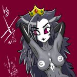  aged_up anthro areola avian beak bird black_body black_feathers black_hair breasts demon feathers female hair hands_behind_head helluva_boss hi_res nibirux nipples octavia_(helluva_boss) owl owl_demon simple_background smile solo thick_thighs white_areola white_body white_feathers white_nipples 