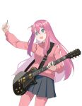  1girl absurdres arm_up bangs black_skirt blue_eyes bocchi_the_rock! electric_guitar gar32 gotou_hitori grey_background guitar hair_between_eyes hair_cubes hair_ornament highres holding holding_instrument instrument jacket long_sleeves one_side_up open_mouth pants pants_under_skirt pink_hair pink_jacket pink_pants pleated_skirt plectrum simple_background skirt solo tears track_jacket track_pants track_suit wavy_mouth 