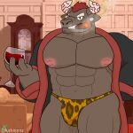  alcohol animal_print anthro bathrobe beverage bovid bovine bulge cattle cigar clothing container cup drinking_glass glass glass_container glass_cup gyumao hi_res leopard_print lifewonders looking_at_viewer lucknomz male mammal muscular pecs robe smoke smoking solo solo_focus thong tokyo_afterschool_summoners underwear video_games wine wine_glass 