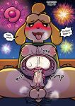  animal_crossing atrolux blush bodily_fluids brother brother_and_sister comic cum cum_inside dialogue digby_(animal_crossing) duo female fireworks genital_fluids genitals hi_res impregnation incest_(lore) isabelle_(animal_crossing) looking_pleasured male male/female night nintendo outside penetration penis sibling sister tongue tongue_out vaginal vaginal_penetration video_games 