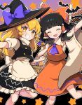  2girls :d absurdres apron ascot bat_(animal) black_hair black_headwear black_vest blonde_hair blue_ascot blue_bow bow candy closed_eyes food grin hair_bow hair_tubes hakurei_reimu halloween hat hat_bow highres kirisame_marisa lollipop looking_at_viewer miz_(mizillustration) multiple_girls open_mouth red_bow red_shirt red_skirt ribbon-trimmed_sleeves ribbon_trim sarashi shirt skirt smile star_(symbol) touhou vest waist_apron white_apron wide_sleeves witch_hat yellow_eyes 