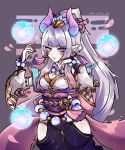  ahrycha black_pants blush breasts cleavage earrings grey_background grey_hair grey_kimono hair_behind_ear highres hip_vent horns japanese_clothes jewelry kimono league_of_legends long_hair medium_breasts obi official_alternate_costume pants pointy_ears ponytail purple_eyes sash smile spirit_blossom_syndra syndra tassel tassel_earrings v-shaped_eyebrows very_long_hair 