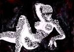  2014 anthro duo eyeless fangs female holes_in_body humanoid monochrome monster monster_girl_(genre) mouth_on_chest parasitedeath pose tagme traditional_media_(artwork) trypophobia 