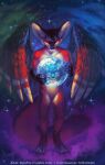  2020 anthro artist_name big_ears black_nose blue_body blue_fur canid canine collar cosmic_background dated duo eyes_closed feathers featureless_crotch fennec fox front_view fur hi_res holding_object male mammal mylafox nebula nude red_body red_collar red_feathers red_fur signature space space_background star text url white_body white_feathers white_fur 