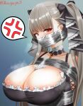  1girl anger_vein areola_slip azur_lane bare_shoulders bdsm between_breasts blush bondage bound breasts cleavage cloth_gag clothing_cutout detached_collar eyebrows_hidden_by_hair formidable_(azur_lane) gag gagged grey_hair huge_breasts improvised_gag kaguya-san_(nantyu-erosada) long_hair looking_at_viewer necktie necktie_between_breasts open_mouth over_the_nose_gag red_eyes shibari shoulder_cutout signature solo spoken_anger_vein steaming_body sweat tape tape_gag tied_up_(nonsexual) twintails two-tone_dress very_long_hair 