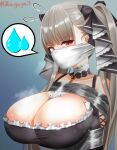  1girl anger_vein areola_slip azur_lane bare_shoulders bdsm between_breasts blush bondage bound breasts cleavage cloth_gag clothing_cutout detached_collar eyebrows_hidden_by_hair flying_sweatdrops formidable_(azur_lane) gag gagged grey_hair huge_breasts improvised_gag kaguya-san_(nantyu-erosada) long_hair looking_at_viewer necktie necktie_between_breasts open_mouth over_the_nose_gag red_eyes shibari shoulder_cutout signature solo spoken_anger_vein spoken_sweatdrop steaming_body sweat sweatdrop tape tied_up_(nonsexual) twintails two-tone_dress very_long_hair 