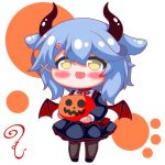  1girl :d animal_ears azur_lane bangs black_footwear black_pantyhose black_shirt black_skirt blue_hair blush chibi demon_girl demon_horns demon_wings fang full_body hair_between_eyes hair_ornament hairclip halloween holding horns jack-o&#039;-lantern kurukurumagical long_sleeves minazuki_(azur_lane) mini_wings neck_ribbon pantyhose pleated_skirt puffy_long_sleeves puffy_sleeves red_ribbon red_wings ribbon shirt shoes simple_background skirt smile solo standing white_background wings x_hair_ornament yellow_eyes 