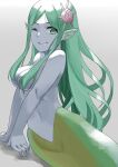  1girl absurdres breasts colored_skin dungeon_ni_deai_wo_motomeru_no_wa_machigatteiru_darou_ka green_eyes green_hair grey_skin highres long_hair looking_at_viewer marie_(danmachi) medium_breasts mermaid monster_girl mori_heichi navel one_eye_closed pointy_ears shell_hair_ornament simple_background solo very_long_hair 