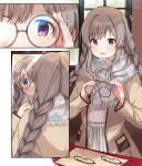  1girl adjusting_eyewear bespectacled braid checkered_clothes checkered_scarf expressionless glasses grey_hair hair_ornament hairclip hand_on_eyewear hanetsuka holding holding_eyewear idolmaster idolmaster_shiny_colors indoors l&#039;antica_(idolmaster) long_hair looking_at_mirror mirror open_mouth pocket pruple_eyes round_eyewear scarf shiny shopping solo window yukoku_kiriko 