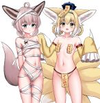  2girls :d :o absurdres ahoge animal_ears arknights bandages bangs blonde_hair blue_background blue_eyes blue_hairband blue_headwear blush braid breasts brown_hair collarbone commentary detached_sleeves english_commentary fox_ears fox_girl fox_tail frilled_sleeves frills green_eyes hair_between_eyes hair_rings hairband hat highres kyuubi long_sleeves looking_at_viewer mini_hat multicolored_hair multiple_girls multiple_tails naked_bandage navel nude ofuda parted_lips qing_guanmao rylaera simple_background sleeves_past_fingers sleeves_past_wrists small_breasts smile sussurro_(arknights) suzuran_(arknights) tail twin_braids two-tone_hair white_hair yellow_sleeves 