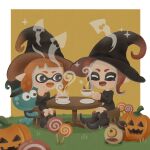  2girls :d ^_^ black_dress black_eyes black_footwear black_headwear boots candy closed_eyes colored_tongue cup dress food grass halloween hat highres holding holding_cup inkling inkling_girl jack-o&#039;-lantern jellyfish_(splatoon) lollipop long_hair long_sleeves multiple_girls no_nose octarian octoball octoling octoling_girl open_mouth orange_hair orange_tongue plate pointy_ears pumpkin red_hair short_hair sitting smile sparkle splatoon_(series) sprikasan steam stool swirl_lollipop table tea teacup witch_hat 