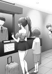  1girl 3boys aimi_(sky-freedom) ass blush commentary_request faceless faceless_male highres long_hair luggage monochrome multiple_boys open_mouth original ponytail short_hair sky-freedom slippers sweatdrop translation_request 