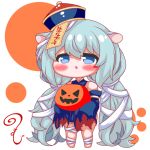  1girl animal_ears azur_lane bandaged_leg bandages bangs barefoot blue_dress blue_eyes blue_hair blush chestnut_mouth chibi detached_sleeves dress full_body hair_between_eyes halloween hat holding jack-o&#039;-lantern jiangshi_costume kurukurumagical long_hair long_sleeves mikazuki_(azur_lane) ofuda parted_lips qing_guanmao red_headwear simple_background sleeveless sleeveless_dress sleeves_past_fingers sleeves_past_wrists solo standing tilted_headwear torn_clothes torn_sleeves twintails very_long_hair white_background 